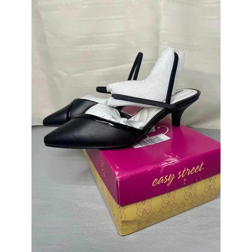 NIB Easy Street Unna Womens 8.5 M Black Multi Strap Pointed Toe Kitten Heels